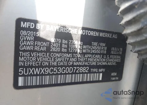 2016 BMW X3 xDrive28I z USA, uszkodzony, nr VIN 5UXWX9C53G0D72882